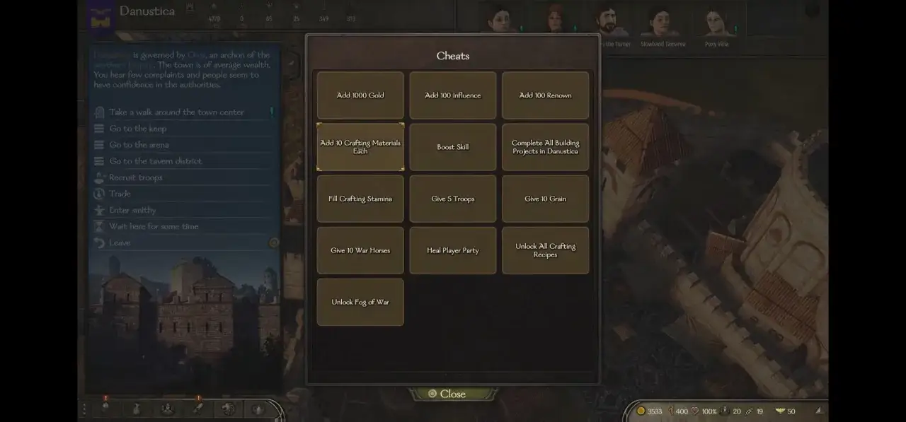 Menu z opcjami oszustw (kody) do Mount & Blade. Możesz dodać złoto, wpływy, materiały rzemieślnicze i inne.