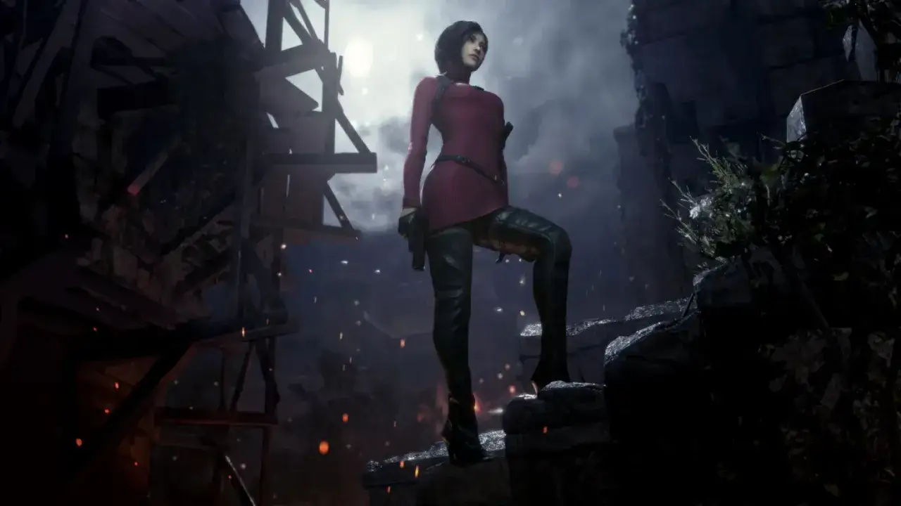 Ada Wong w Resident Evil 4 Separate Ways na tle zniszczonej budowli, z pistoletem w dłoni.