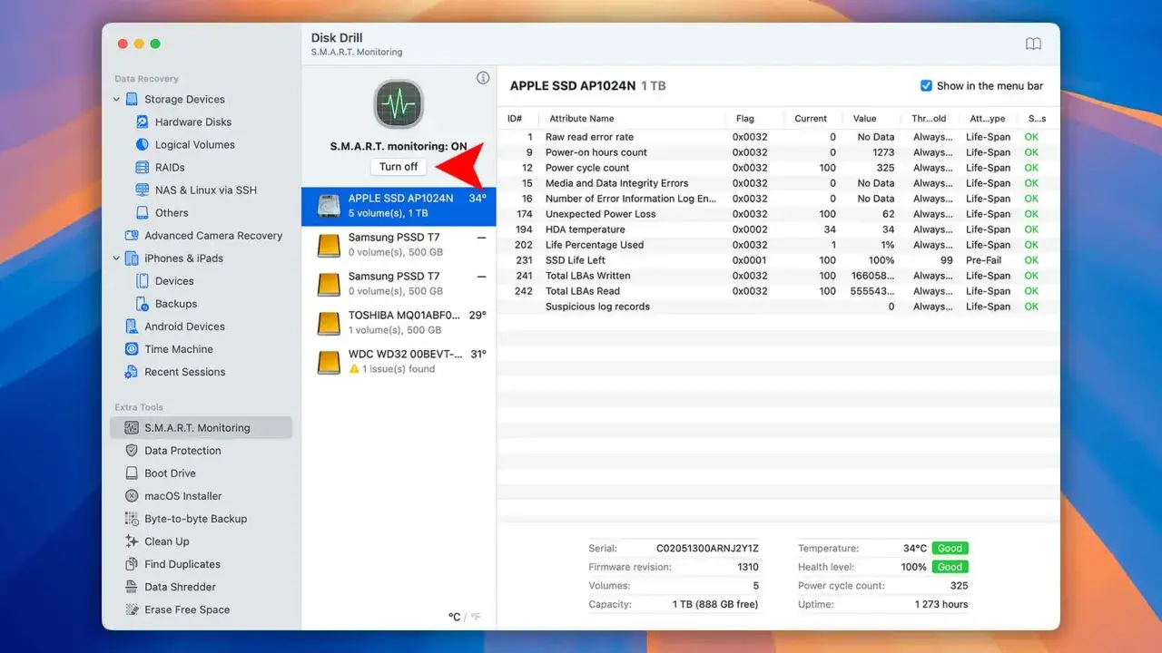 Program do sprawdzania dysku Disk Drill pokazuje stan dysku APPLE SSD AP1024N 1 TB. Widoczne są parametry S.M.A.R.T. dysku.