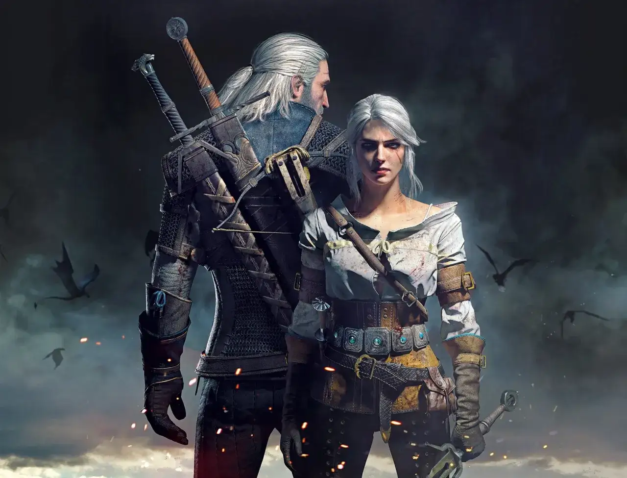 Geralt i Ciri, bohaterowie gry Wiedźmin, stoją gotowi do walki. W tle unoszą się smoki.