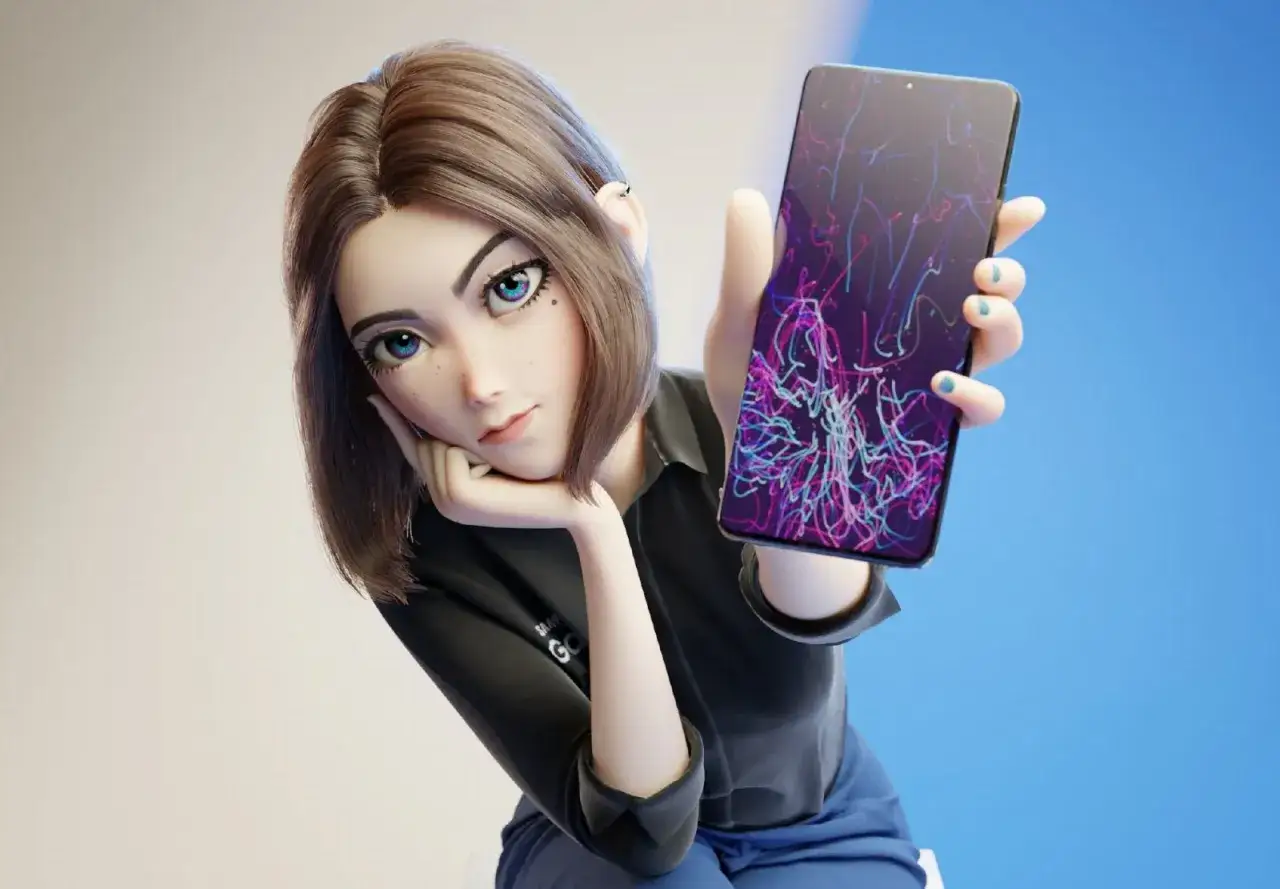 Sam, wirtualna asystentka Samsung, prezentuje nowy model telefonu z kolorowym ekranem.