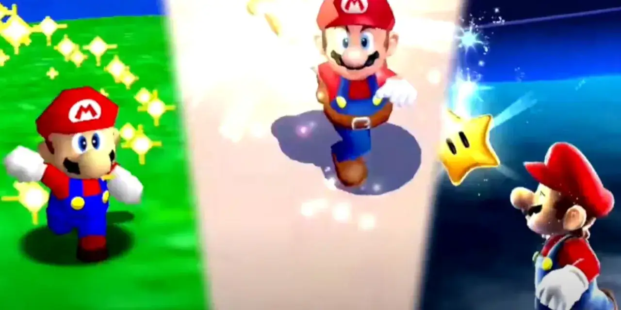 Trzy wersje Mario z serii Super Mario, biegnące pośród gwiazdek i błyszczących gwiazd.