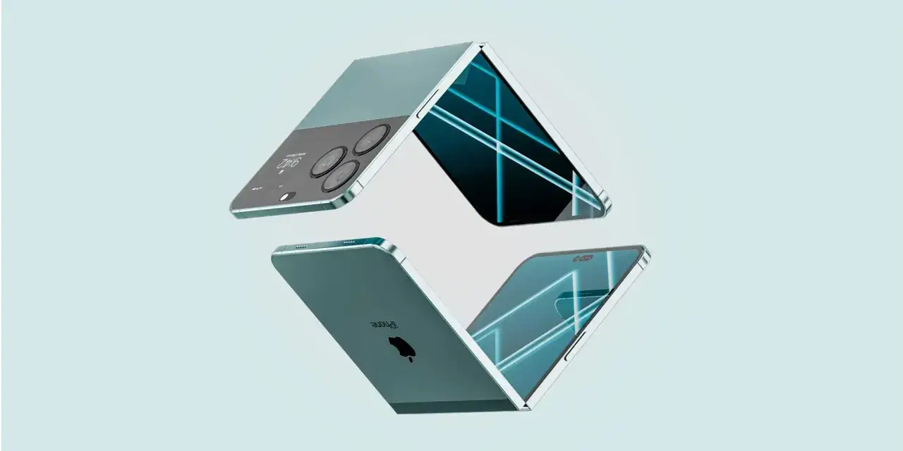 Koncepcyjny iPhone fold w kolorze morskim, otwarty, z widocznym ekranem i aparatem.