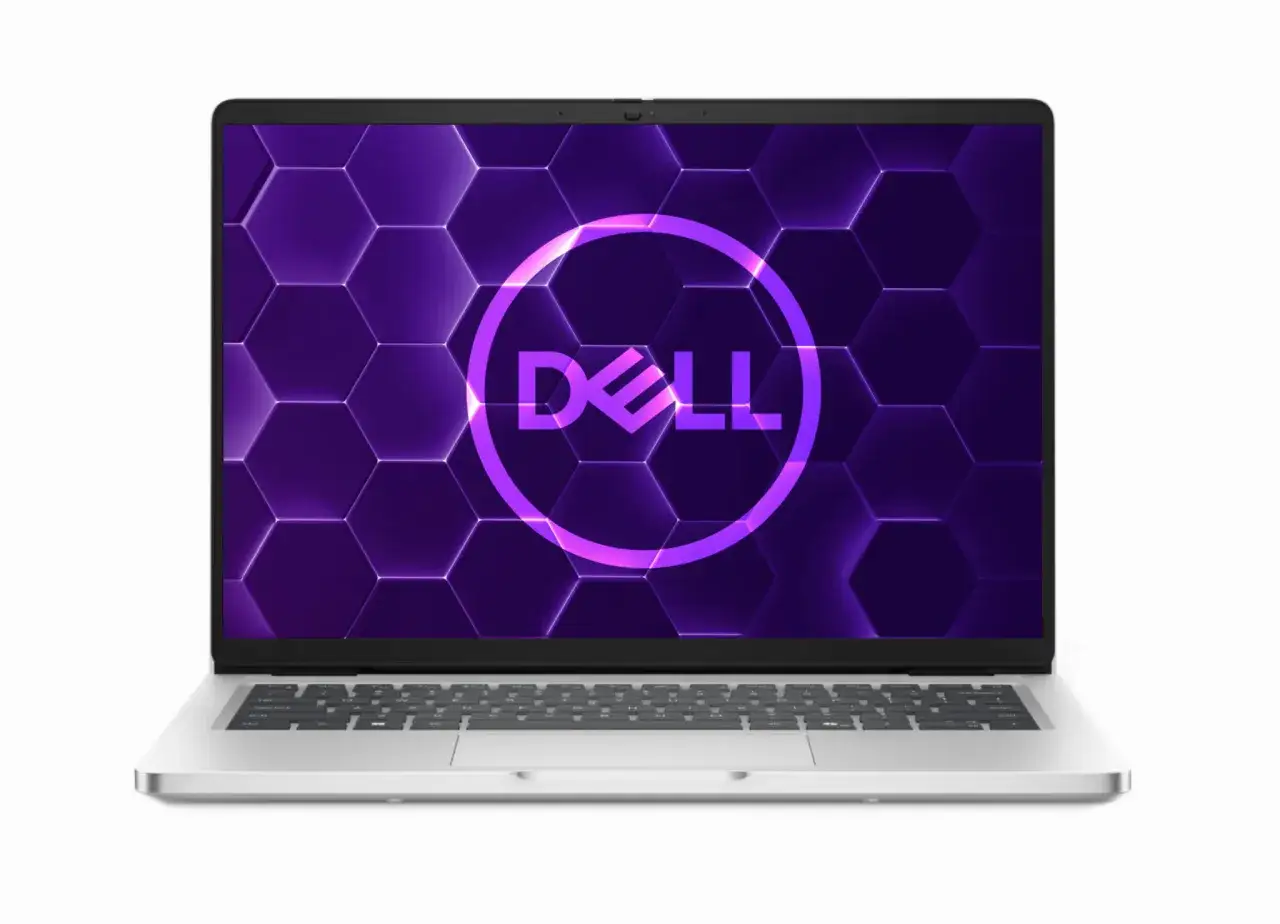 Srebrny laptop Dell z fioletowym logo na tle heksagonalnym. Zastanawiasz się, jakie parametry powinien mieć dobry laptop?