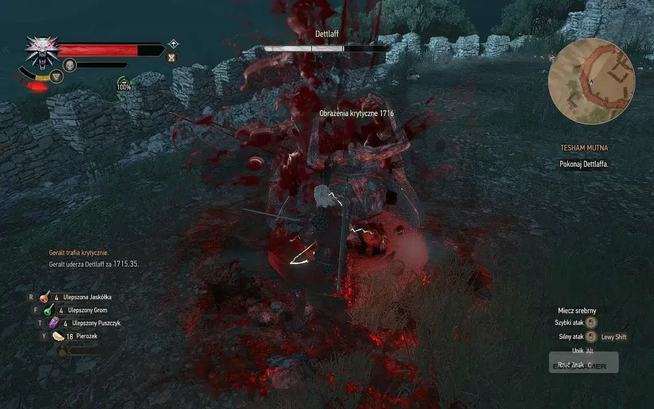Geralt zadaje krytyczne obrażenia Dettlaffowi, pokazując, jak pokonać potwora. Krwawa scena walki.