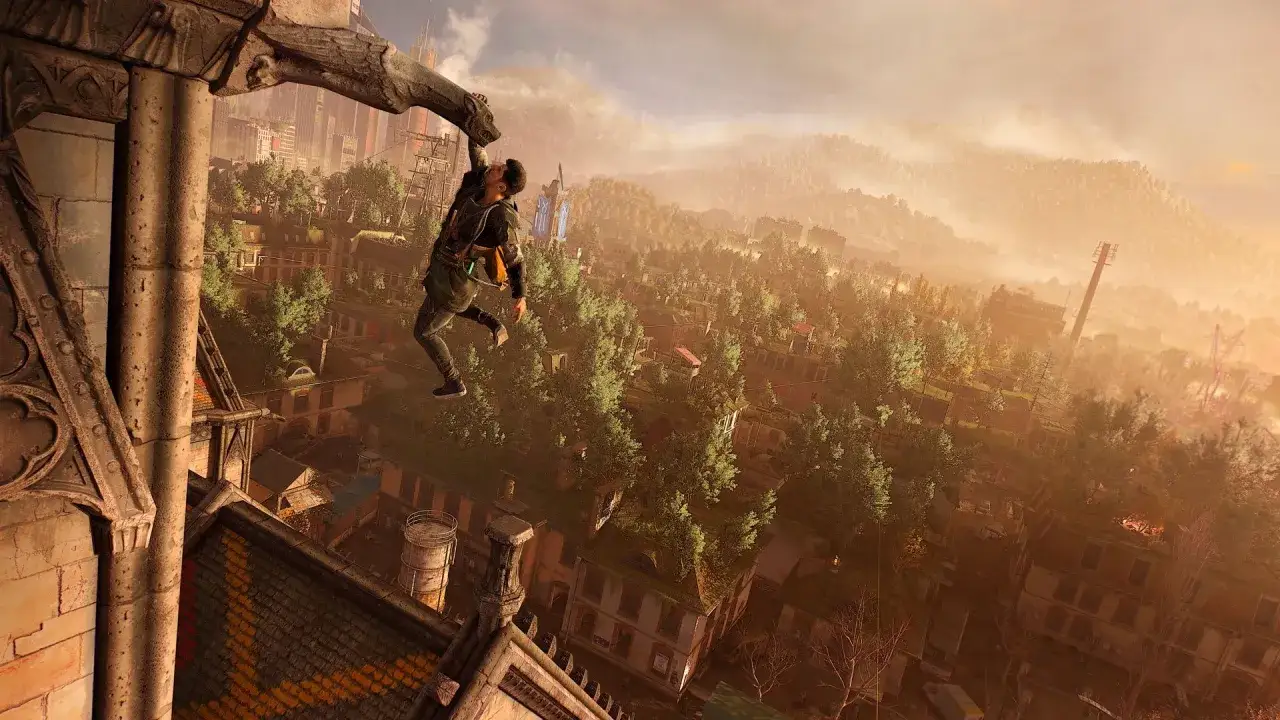 Aiden skacze między budynkami, szukając drogi w postapokaliptycznym mieście. Ten widok to fragment poradnika Dying Light 2.