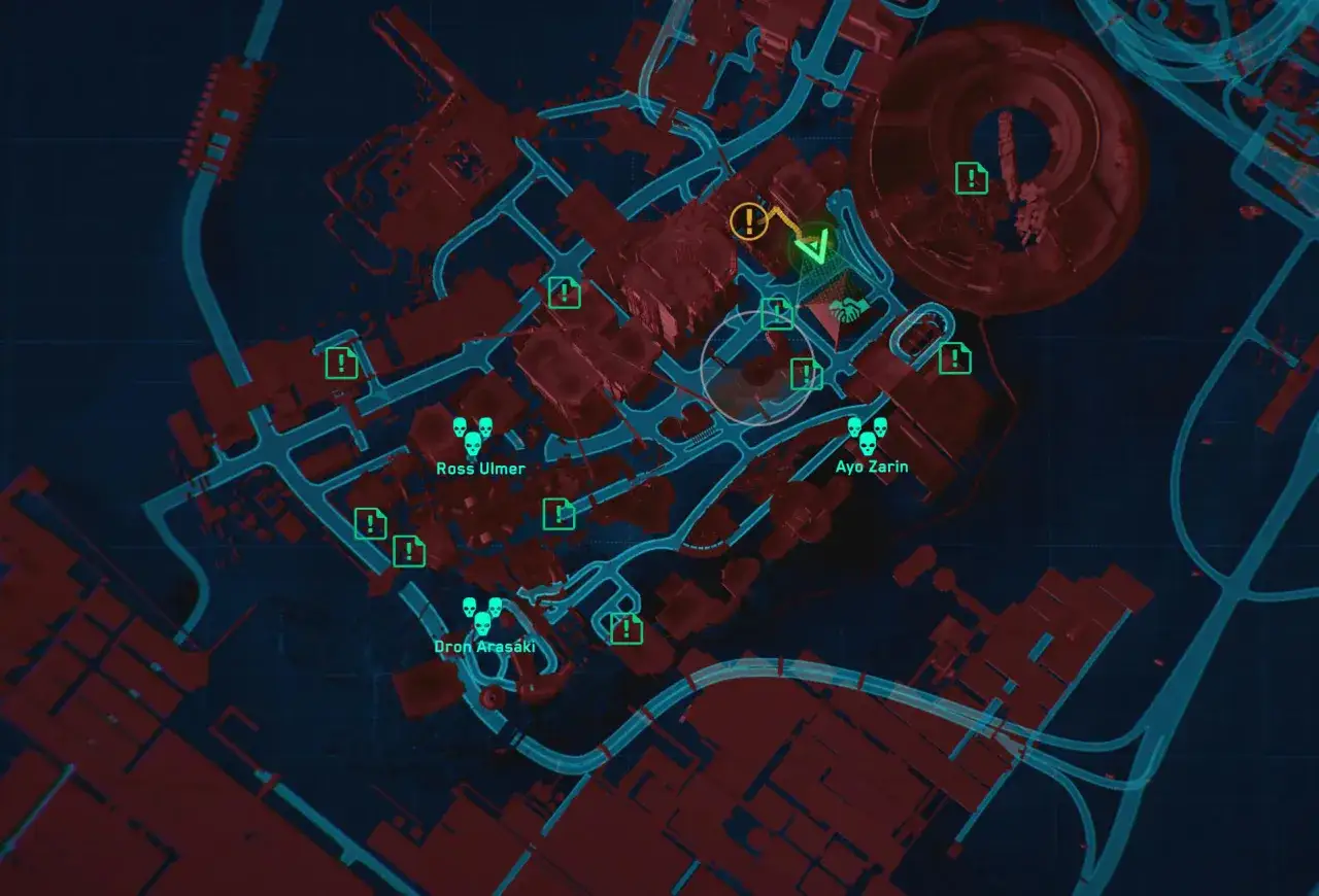 Mapa z gry Cyberpunk 2077. Widoczne znaczniki misji, w tym