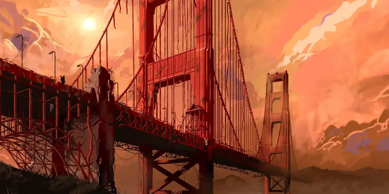 Zniszczony Most Golden Gate, z sylwetkami postaci na tle pomarańczowego nieba. Wizja postapokaliptycznego świata, jak z Fallout 2 remake.