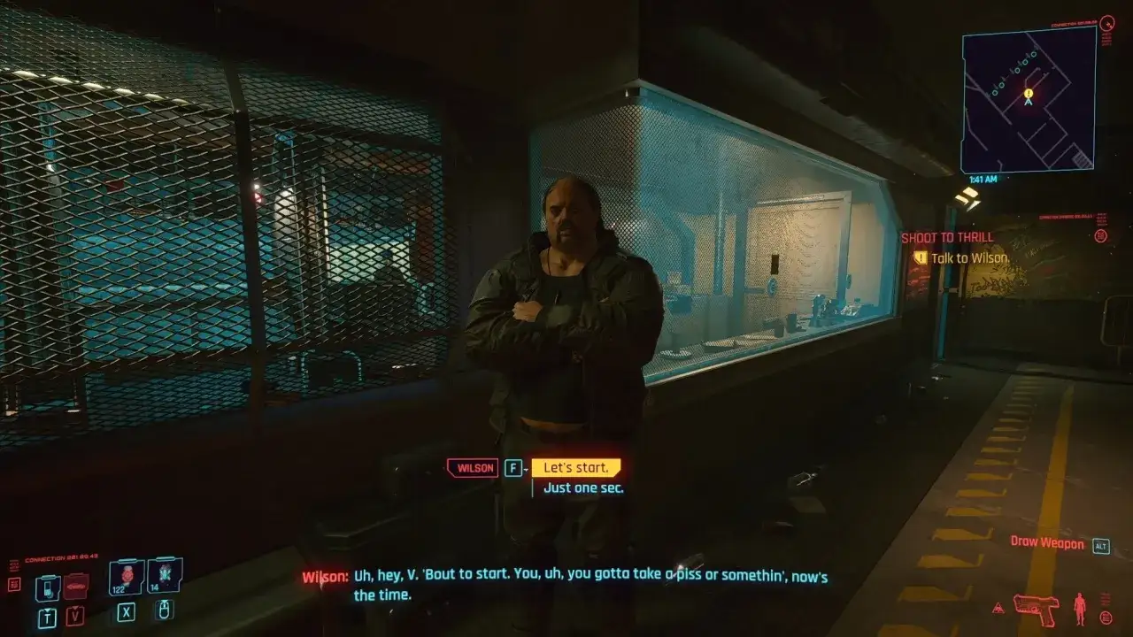 Wilson, cel pal cyberpunk, czeka na V. Rozpoczyna się rozmowa, która może doprowadzić do strzelaniny.