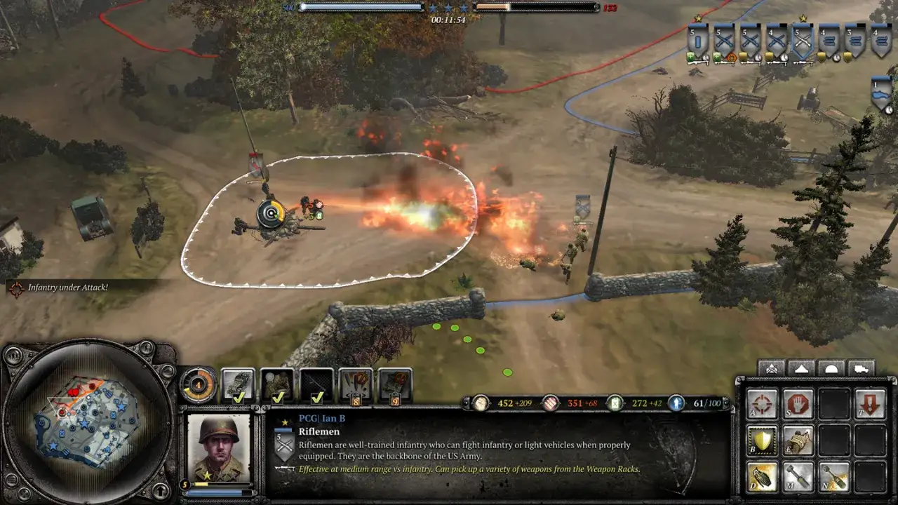 Company of Heroes: ostrzał artyleryjski, żołnierze w ogniu, atak piechoty.