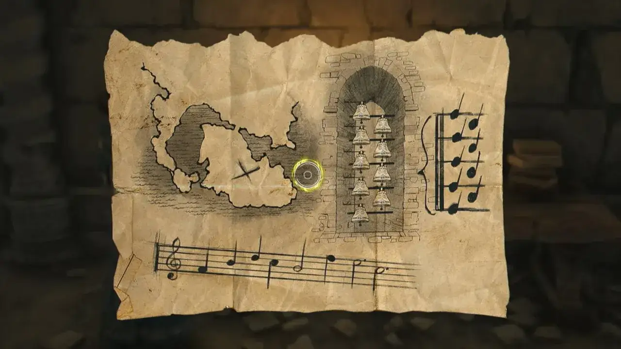 Mapa z gry Hogwarts Legacy z zaznaczonymi dzwonami i nutami.