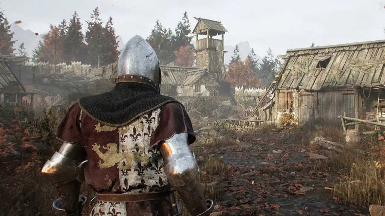 Rycerz w zbroi obserwuje zniszczoną wioskę, przygotowując się do blight survival PS5.