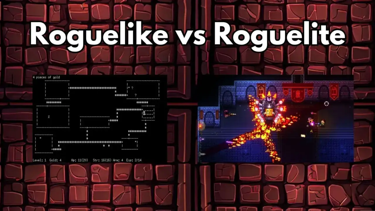Porównanie gier: klasyczny roguelike z ASCII grafiką kontra dynamiczny roguelite z kolorową akcją.