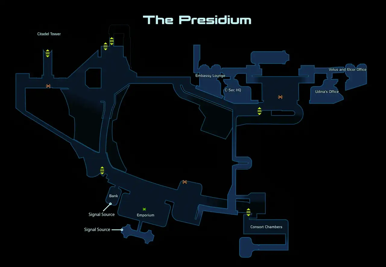 Mapa Presidium, gdzie trwa cytadela namierzanie sygnału. Widoczne lokacje: Citadel Tower, Bank, Emporium, Embassy Lounge, C-Sec HQ, Udina's Office.