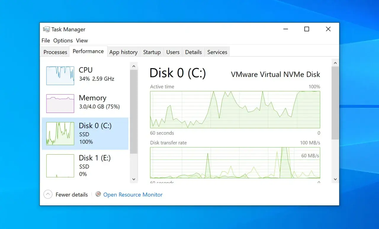 Menedżer zadań Windows 10 pokazuje dysk C: jako w 100% zajęty, z wykresem aktywności dysku.