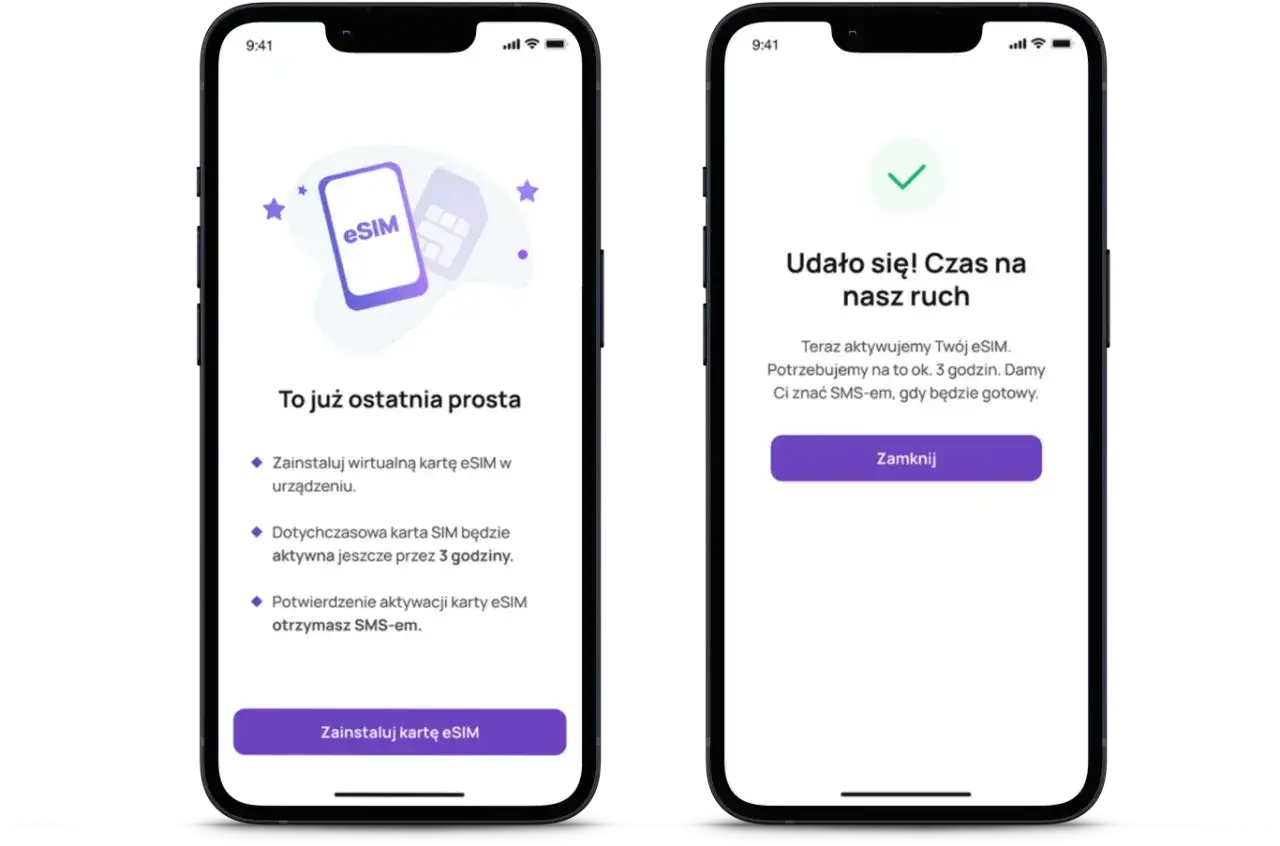 Instalacja eSIM na telefonie. Pierwszy ekran informuje o ostatnim etapie, drugi potwierdza aktywację eSIM.