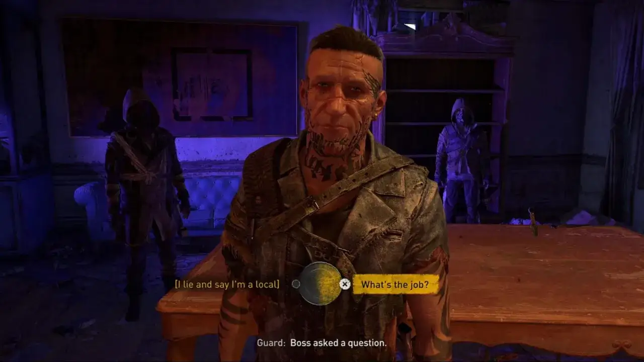 Postapokaliptyczna rozmowa w Dying Light 2 Zaginieni. Gracz rozmawia z tatuażowym strażnikiem, podczas gdy inni czekają w tle.