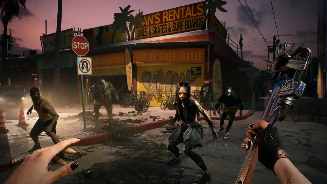 Gracz z bronią w ręku walczy z zombie na ulicy w stylu Dead Island 2. Możliwość gry crossplay sprawia, że walka jest jeszcze lepsza.