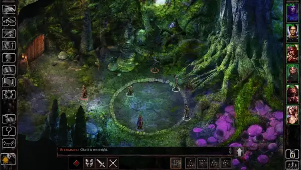 Postacie w magicznym lesie, przygotowujące się do walki. Wskazówka do gry Siege of Dragonspear solucja.