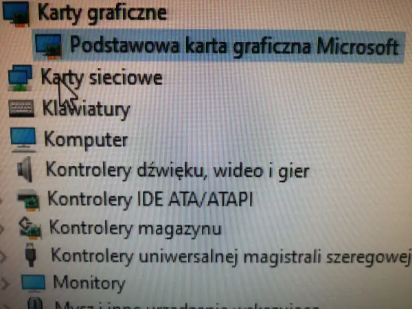 Jak sprawdzić kartę graficzną w Win11? Widok Menedżera urządzeń, gdzie widać "Podstawowa karta graficzna Microsoft".