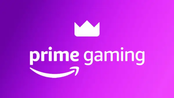 Logo Prime Gaming z koroną i strzałką Amazon na fioletowym tle.