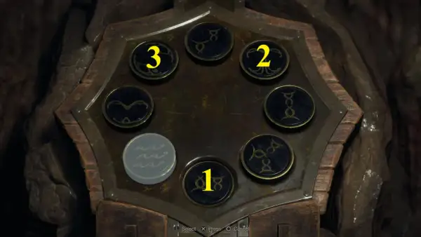 Zagadka z Resident Evil 4: symbole i cyfry 1, 2, 3 na okrągłych przyciskach.