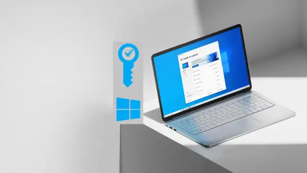 Grafika z kluczem i logo Windows, obok laptopa z ekranem pokazującym "PC health at a glance". Dowiedz się, jak sprawdzić klucz Windows 10.