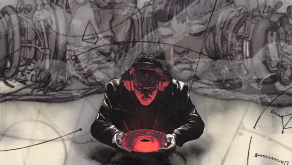 Mężczyzna w słuchawkach trzyma świecącą płytę. Tło sugeruje świat Disco Elysium 2, pełen mechanizmów i abstrakcyjnych form.