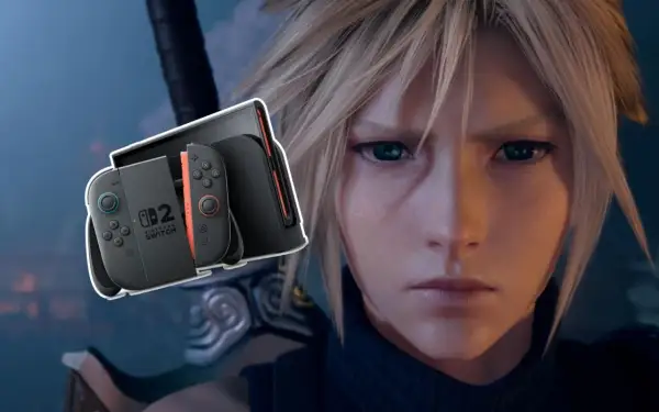 Cloud z Final Fantasy VII obok konsoli Nintendo Switch.