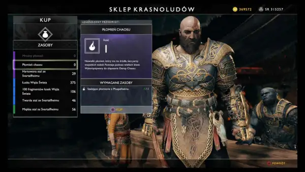 Kratos w grze God of War 2018 w sklepie Krasnoludów, przymierza się do zakupu Płomienia Chaosu.