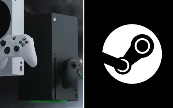 Dwa Xboxy z kontrolerami obok logo Steam. Czyżby przyszłość gier na Xbox?