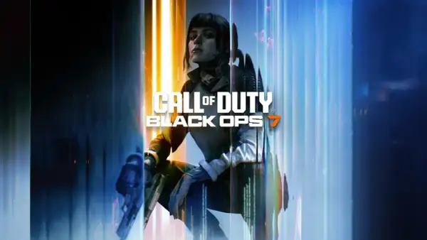 Kobieta w futurystycznym stroju, gotowa do akcji, z bronią w ręku. Tytuł gry Call of Duty Black Ops 7 na tle neonowych świateł.