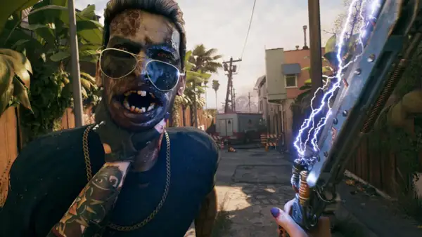 Zombi w okularach przeciwsłonecznych i z tatuażami, trzymający broń zasilaną elektrycznością. Czy to zapowiedź **Dead Island 2 crossplay**?