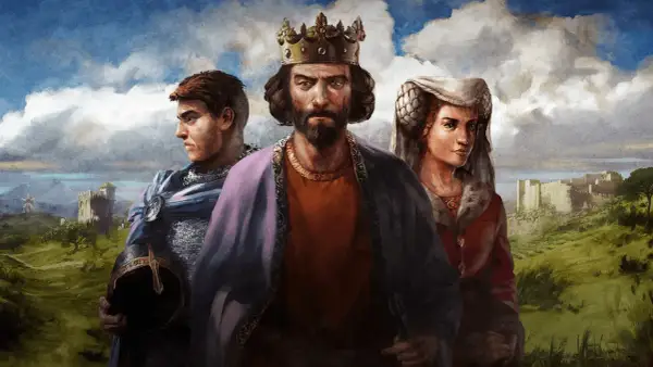 Król, rycerz i dama na tle zamku. Idealni do strategii, gdy szukasz **age of empires 2 kody**.