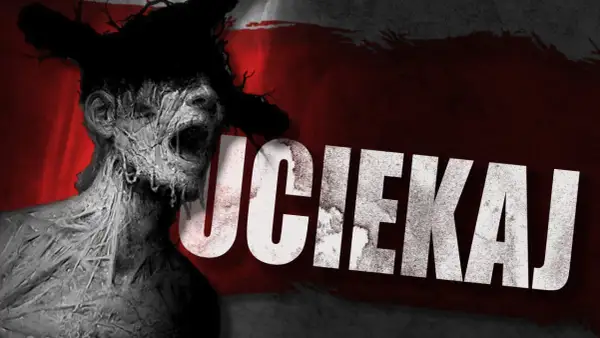 Przerażająca postać z opuchniętą twarzą i otwartymi ustami, jakby krzyczała. Napis "UCIEKAJ" sugeruje, że to dzieło od acid wizard studio.