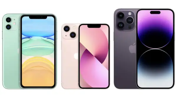 Trzy modele iPhone'ów: zielony, różowy i fioletowy. Zastanawiasz się, jaki jest najnowszy iPhone? Ten fioletowy to najnowszy model.