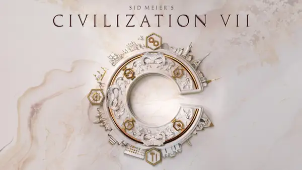 Logo gry Civilization VII z elementami architektonicznymi i symbolami postępu.