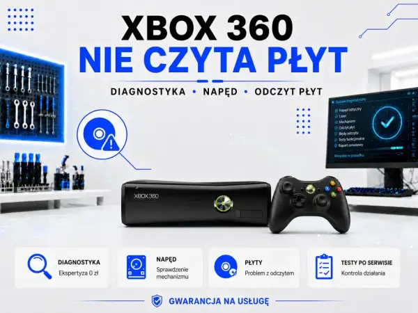 Konsola Xbox 360 z kontrolerem i narzędziami, gotowa na diagnostykę napędu i odczytu płyt. Idealna dla fanów Xbox games showcase.