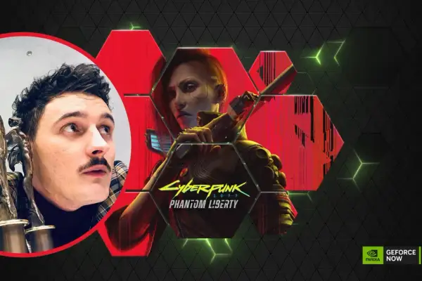 Dawid Podsiadło w stylu cyberpunk, obok postaci z gry Cyberpunk 2077: Phantom Liberty.
