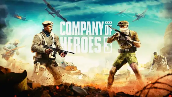 Dwóch żołnierzy z bronią w ręku, czołgi i samoloty w tle. To okładka gry Company of Heroes 3, zapowiadająca epickie bitwy.