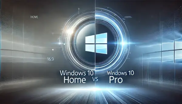 Porównanie Windows 10 Home vs Pro. Centralnie umieszczone logo Windows, podzielone na dwie części, symbolizuje wybór między wersjami systemu.