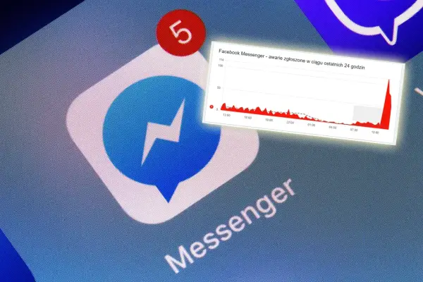 Ikona Messengera z powiadomieniem "5" i wykresem pokazującym wzrost awarii, wyjaśniającym, dlaczego Messenger nie działa.