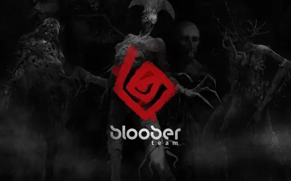 Mroczne postacie z gry Bloober Team, w tym przerażająca istota z rogami i mechaniczne monstrum, otaczają czerwony symbol.