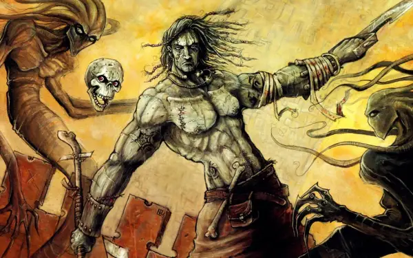 Nieśmiertelny walczy z potworami, trzymając czaszkę i miecz. Klimat jak z Planescape: Torment.