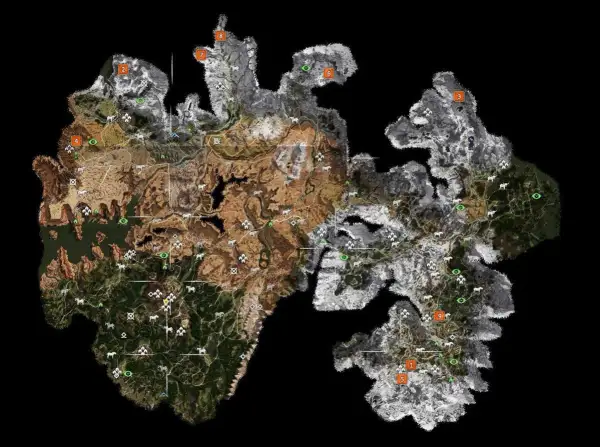 Mapa świata z gry Horizon Zero Dawn. Wskazówki i lokacje zaznaczone numerami, pomocne w grze.