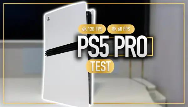 Biała konsola PS5 PRO z napisem "TEST" i informacjami o 4K 120 FPS oraz 8K 60 FPS.
