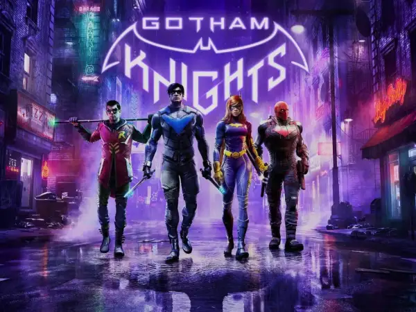 Czterech bohaterów Gotham Knights, Nightwing, Robin, Batgirl i Red Hood, idzie nocą przez neonowe ulice Gotham.