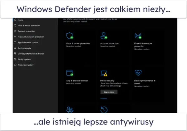 Interfejs Windows Defender z sekcjami ochrony przed wirusami, kontem, zaporą sieciową i innymi. Wszystko działa poprawnie.