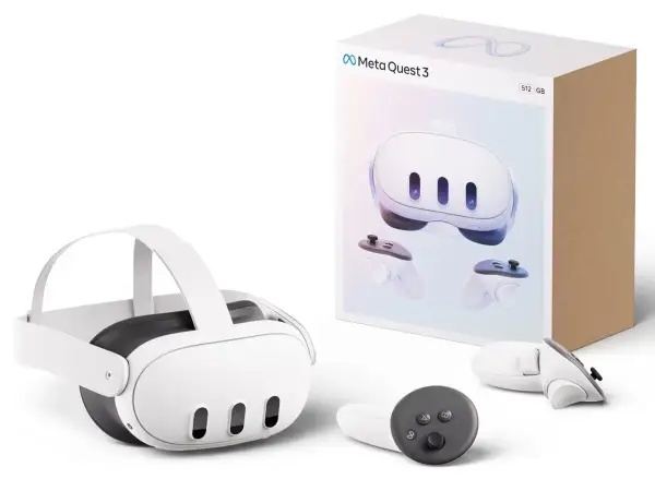 Zestaw VR Meta Quest 3: gogle, dwa kontrolery i pudełko z grafiką przedstawiającą urządzenie. Gotowy na wirtualne przygody!