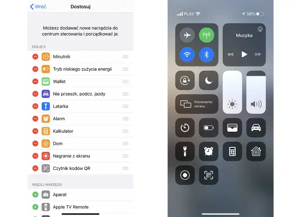 Nagrywanie ekranu iPhone w centrum sterowania. Widoczne opcje: latarka, alarm, kalkulator, dom, nagranie z ekranu, aparat.